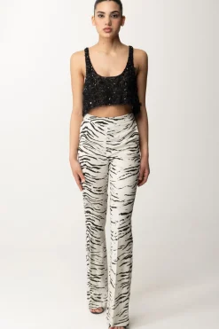 Elisabetta Franchi Top Crop In Tulle con Paillettes e FrangeNERO