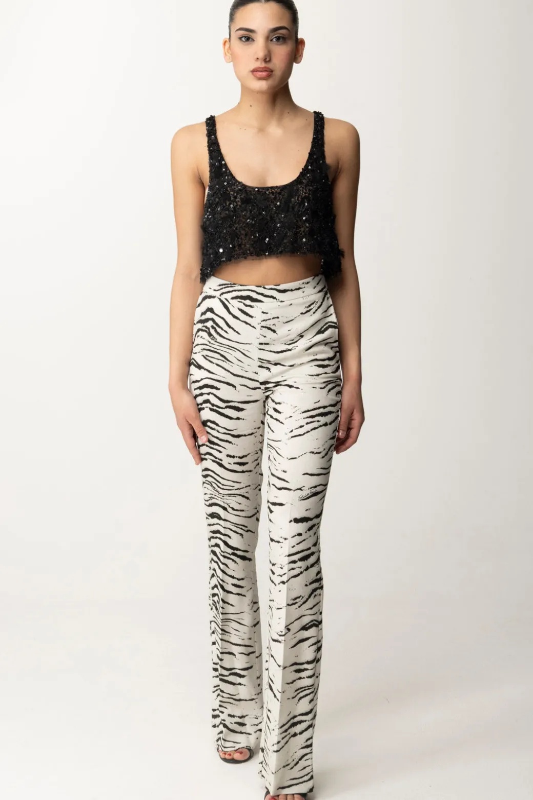 Elisabetta Franchi Top Crop In Tulle con Paillettes e FrangeNERO