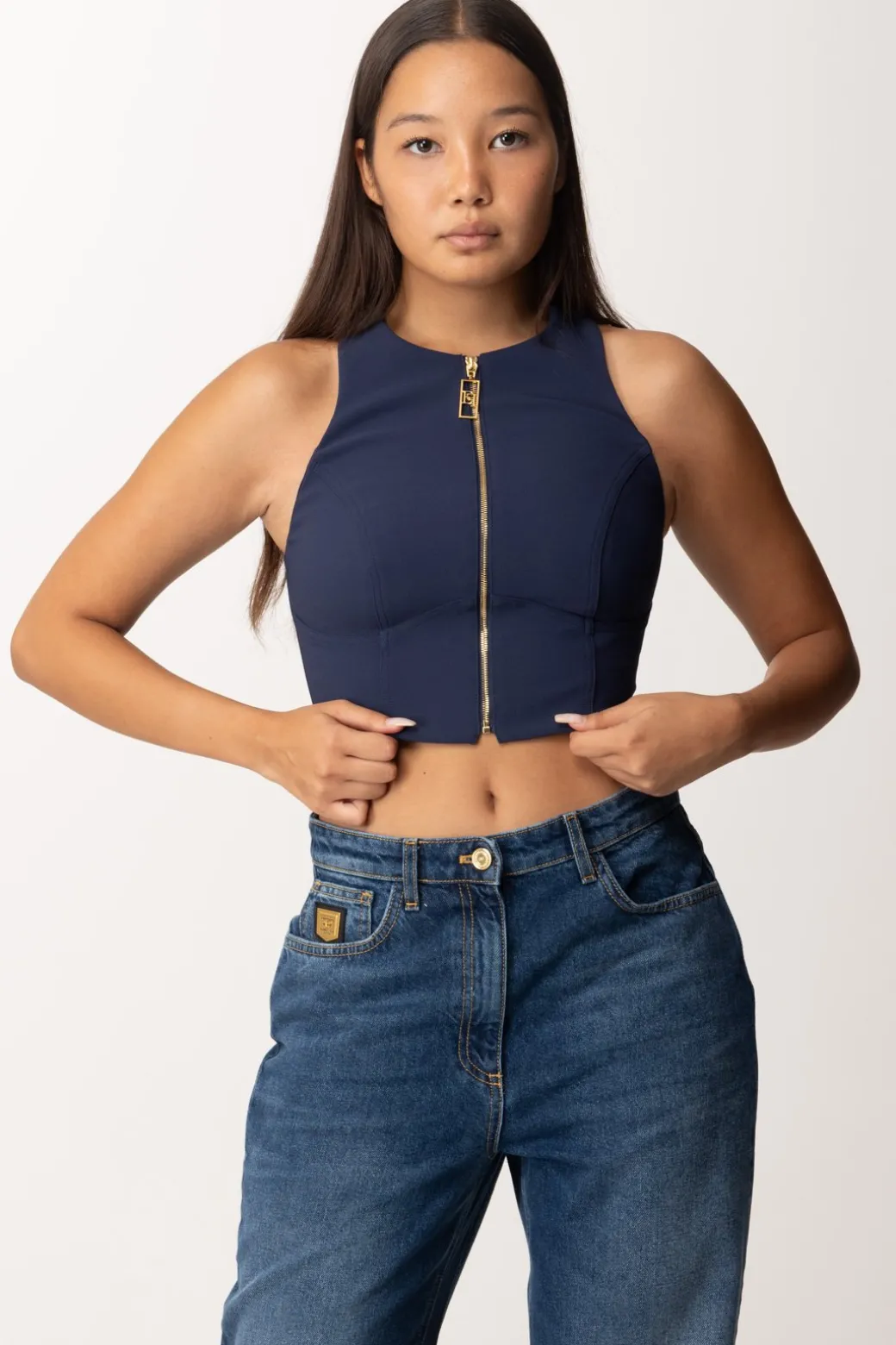 Elisabetta Franchi Top Crop con Zip FrontaleNAVY