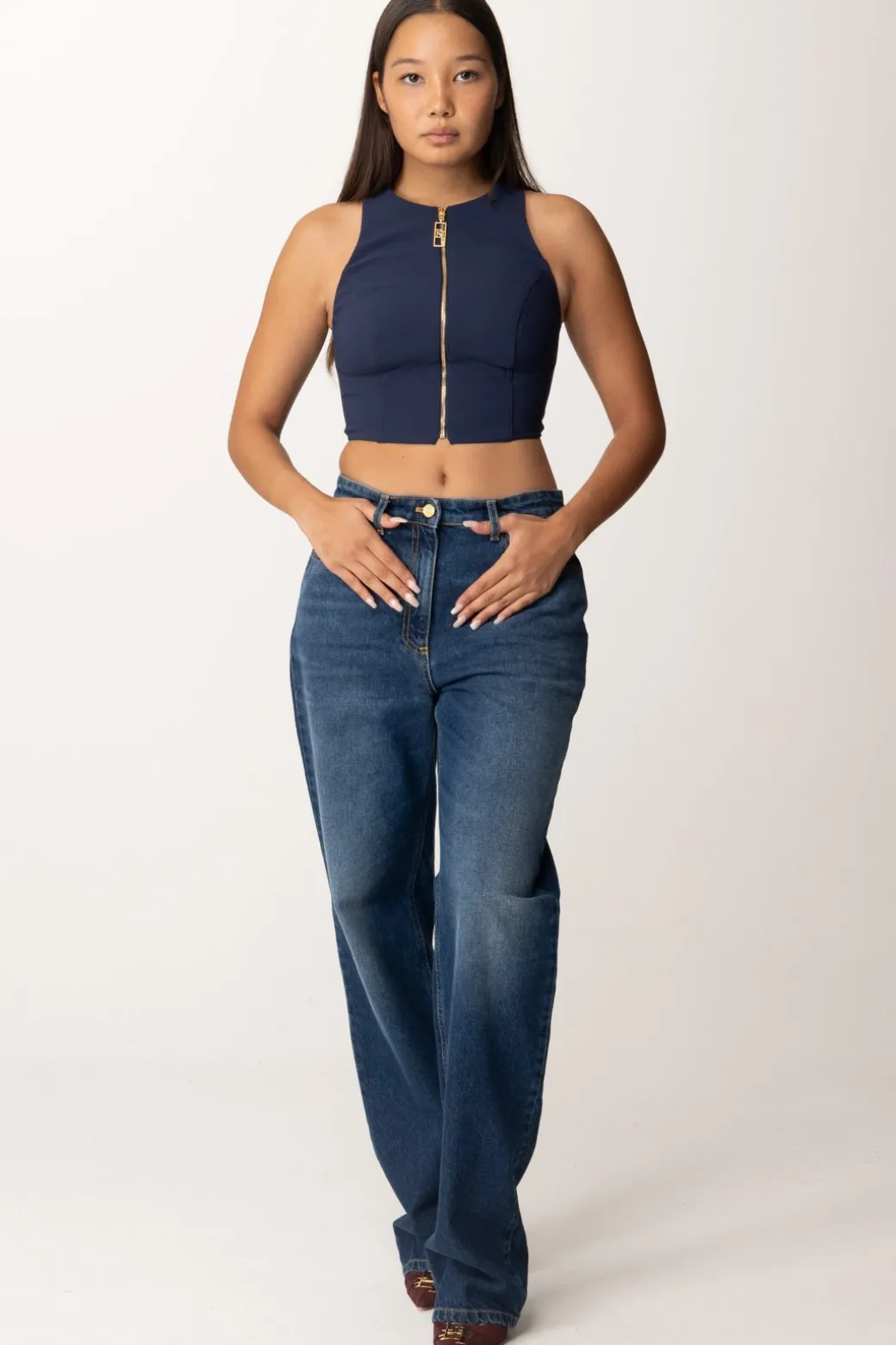 Elisabetta Franchi Top Crop con Zip FrontaleNAVY