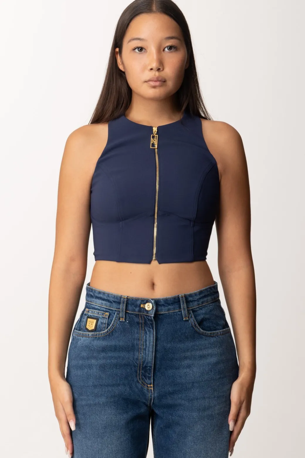 Elisabetta Franchi Top Crop con Zip FrontaleNAVY
