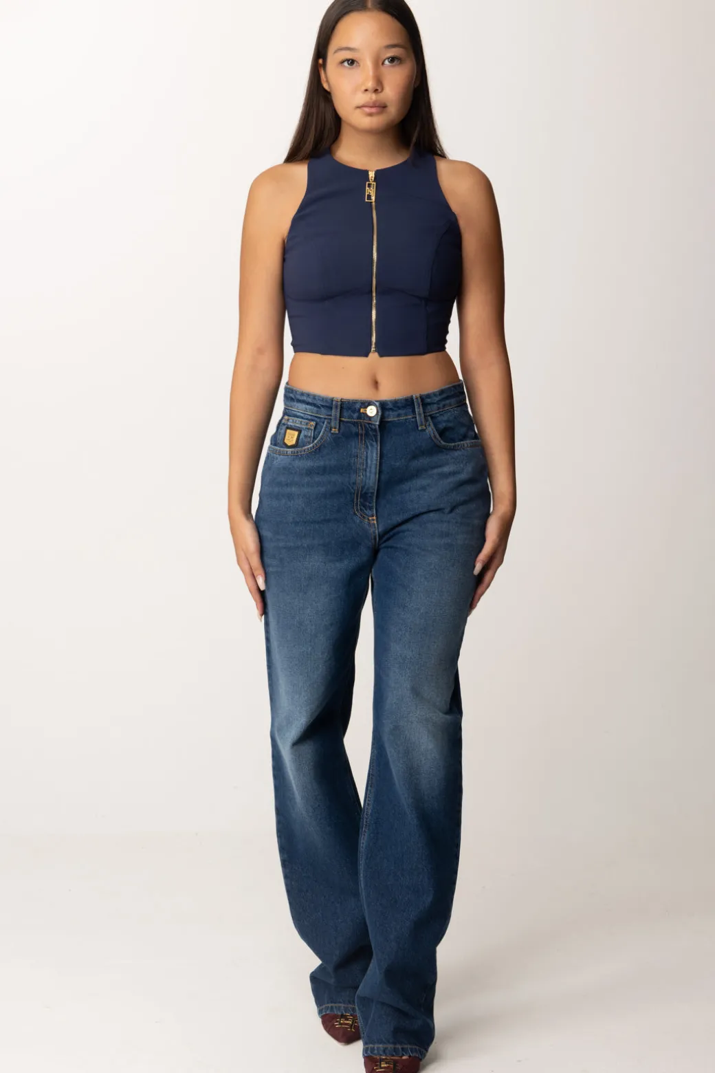 Elisabetta Franchi Top Crop con Zip FrontaleNAVY