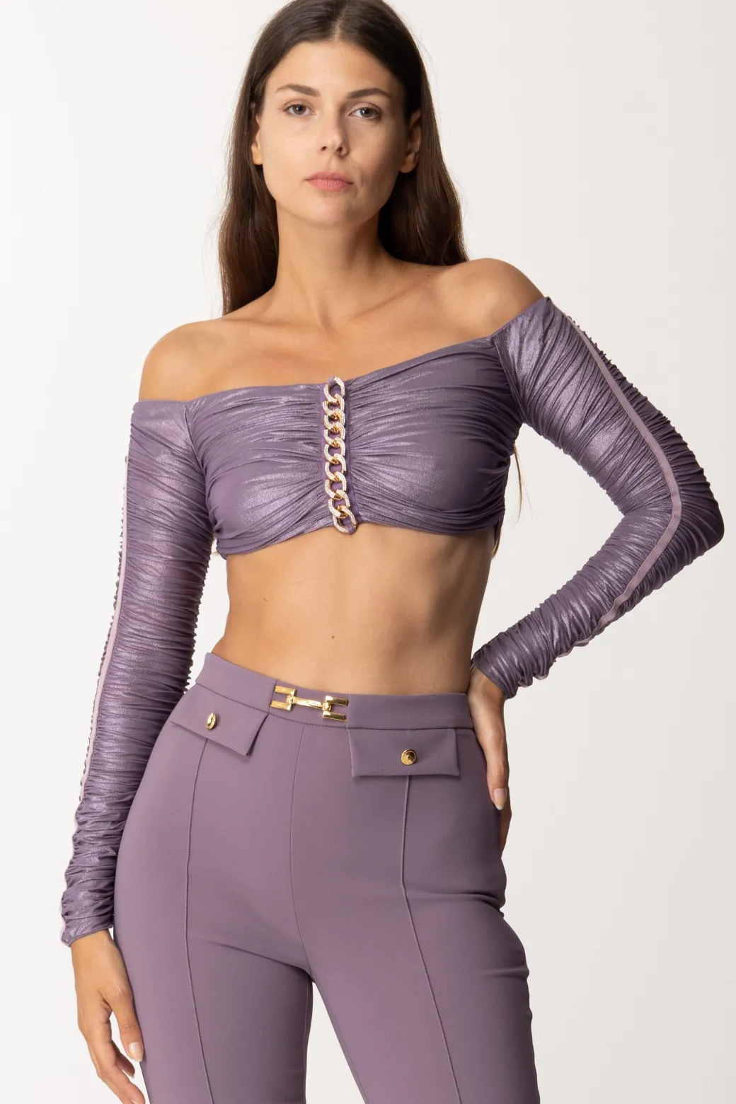 Elisabetta Franchi Top Crop In Jersey Laminato con CatenaCANDY VIOLET