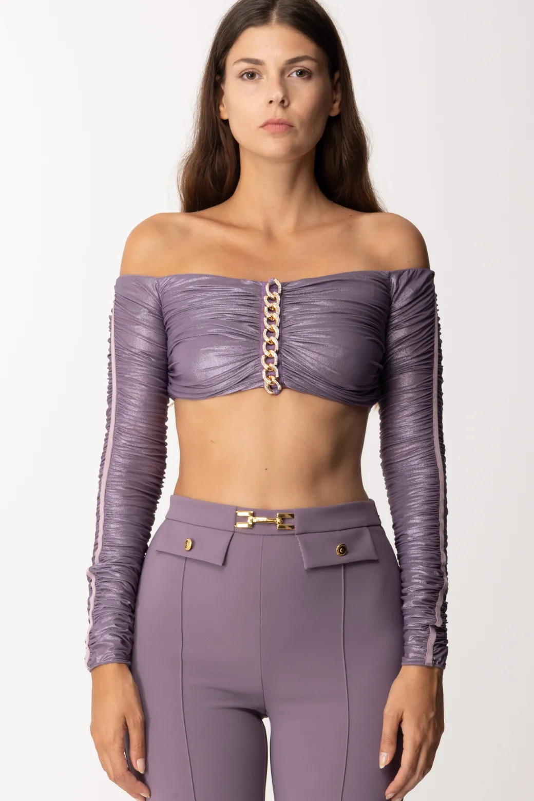 Elisabetta Franchi Top Crop In Jersey Laminato con CatenaCANDY VIOLET