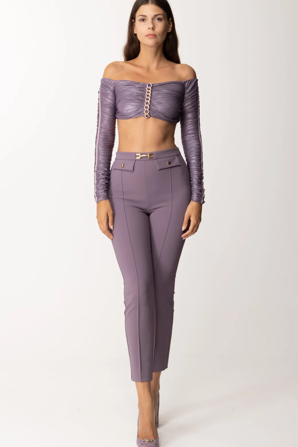 Elisabetta Franchi Top Crop In Jersey Laminato con CatenaCANDY VIOLET