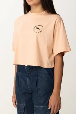 Elisabetta Franchi T-shirt Cropped con Stampa LogoPEACH ROSE