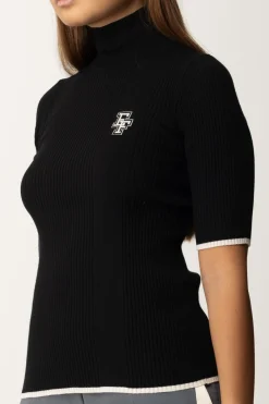 Elisabetta Franchi T-shirt Dolcevita In Maglia con LogoNERO/BURRO