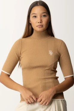 Elisabetta Franchi T-shirt Dolcevita In Maglia con LogoCAMEL/BURRO