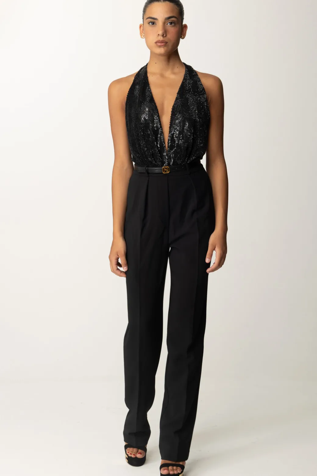 Elisabetta Franchi Tuta con Cintura e Top RicamatoNERO