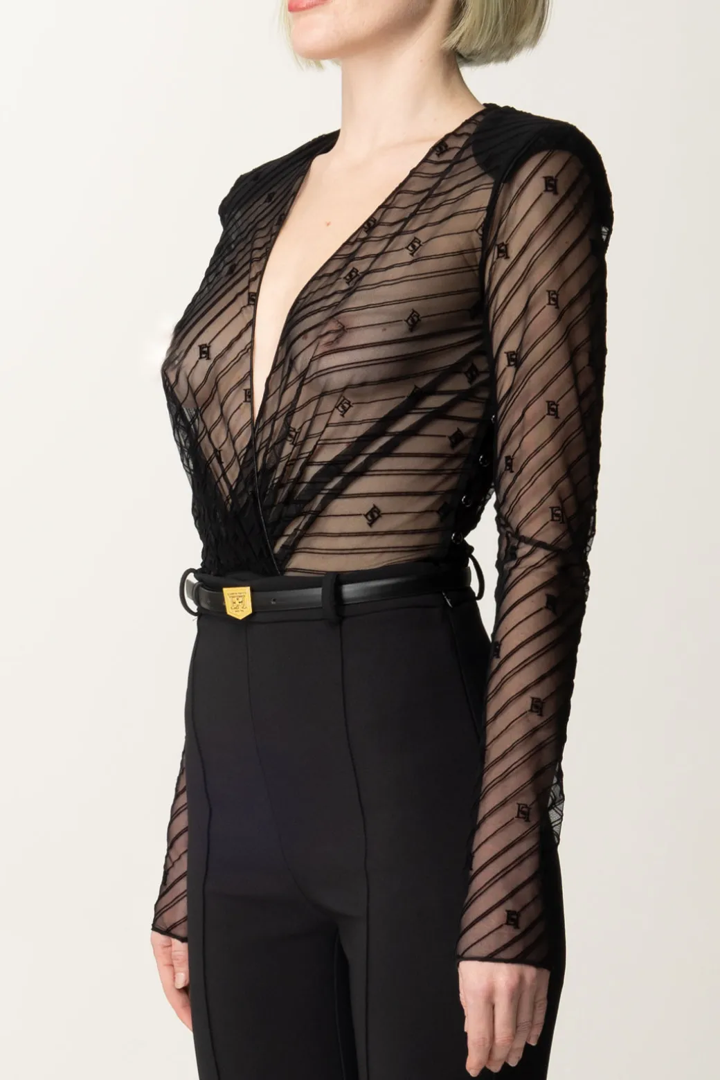 Elisabetta Franchi Tuta Combinata In Tulle Flock Disegno DiagonaleNERO