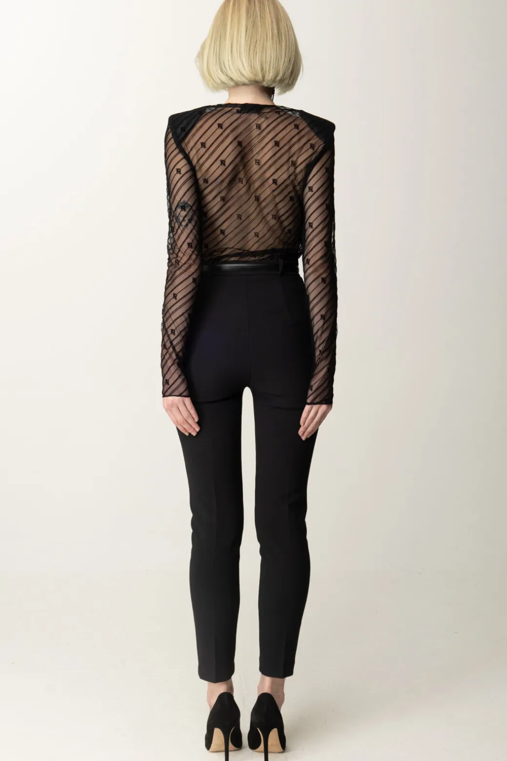 Elisabetta Franchi Tuta Combinata In Tulle Flock Disegno DiagonaleNERO