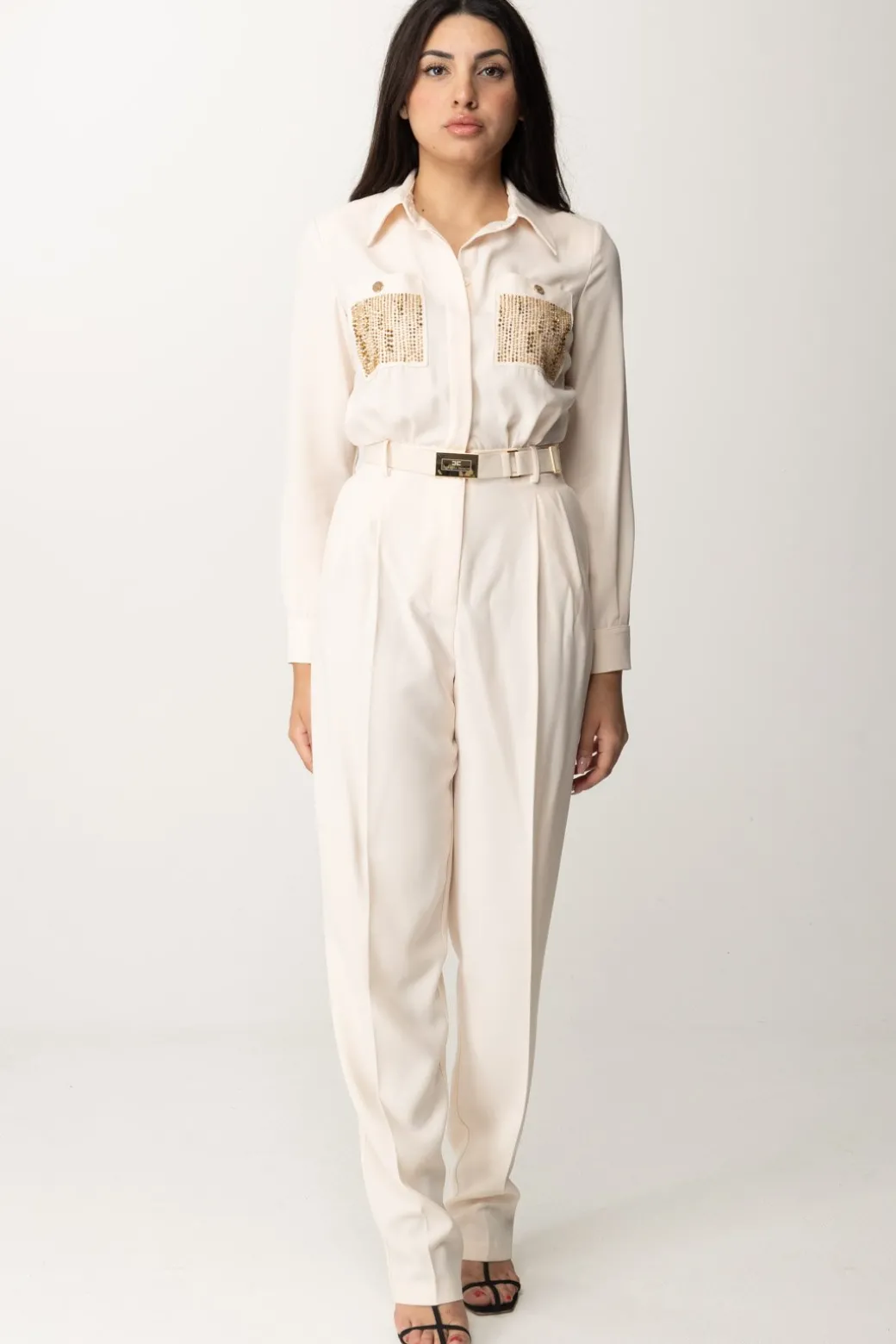 Elisabetta Franchi Tuta Lunga con Tasche RicamateBURRO