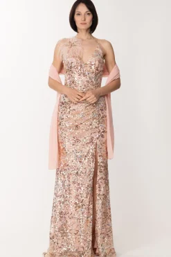 Fabiana Ferri Abito Lungo con Paillettes e Accessorio Di PiumeROSA