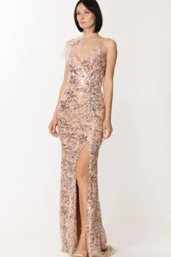 Fabiana Ferri Abito Lungo con Paillettes e Accessorio Di PiumeROSA