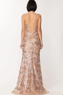 Fabiana Ferri Abito Lungo con Paillettes e Accessorio Di PiumeROSA