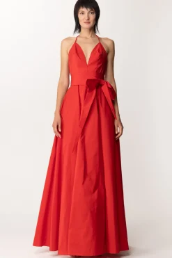 Fabiana Ferri Abito Lungo Elegante In Taffetà con Scollatura ProfondaROSSO