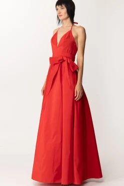 Fabiana Ferri Abito Lungo Elegante In Taffetà con Scollatura ProfondaROSSO