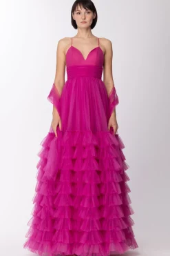 Fabiana Ferri Abito Lungo Scollo Cuore con Gonna In TulleFUCHSIA