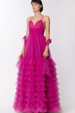 Fabiana Ferri Abito Lungo Scollo Cuore con Gonna In TulleFUCHSIA
