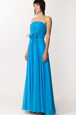 Fabiana Ferri Abito Lungo con Applicazione Fiore e PiumetteTURCHESE