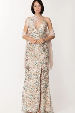 Fabiana Ferri Abito Lungo con Paillettes e Accessorio Di PiumeSALVIA