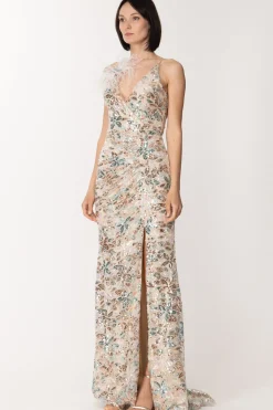 Fabiana Ferri Abito Lungo con Paillettes e Accessorio Di PiumeSALVIA