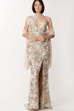 Fabiana Ferri Abito Lungo con Paillettes e Accessorio Di PiumeSALVIA