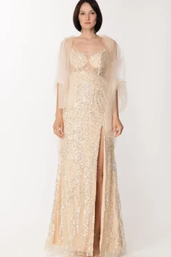 Fabiana Ferri Abito Lungo con Paillettes e Spacco LateraleORO