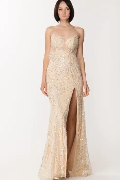 Fabiana Ferri Abito Lungo con Paillettes e Spacco LateraleORO