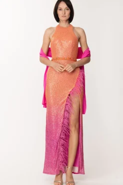 Fabiana Ferri Abito Lungo con Spacco Laterale e PiumetteFUXIA/ARANCIO