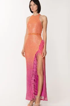 Fabiana Ferri Abito Lungo con Spacco Laterale e PiumetteFUXIA/ARANCIO