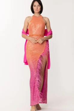 Fabiana Ferri Abito Lungo con Spacco Laterale e PiumetteFUXIA/ARANCIO