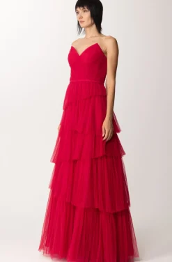 Fabiana Ferri Abito Lungo con Balze AsimmetricheMAGENTA