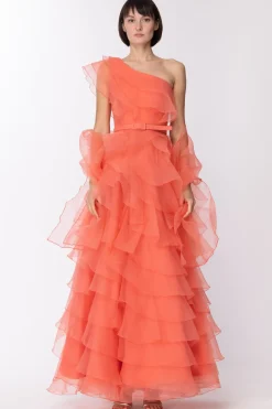 Fabiana Ferri Abito Lungo Monospalla con Balze VolantCORALLO