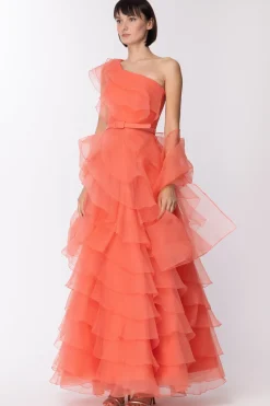 Fabiana Ferri Abito Lungo Monospalla con Balze VolantCORALLO