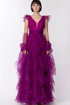 Fabiana Ferri Abito Lungo Scollo a V con Volant VerticaliVIOLET