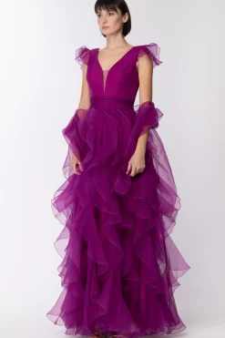 Fabiana Ferri Abito Lungo Scollo a V con Volant VerticaliVIOLET