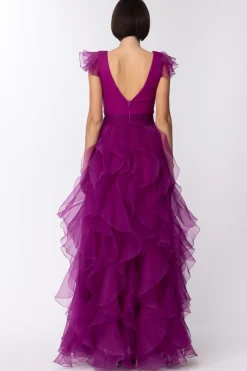 Fabiana Ferri Abito Lungo Scollo a V con Volant VerticaliVIOLET