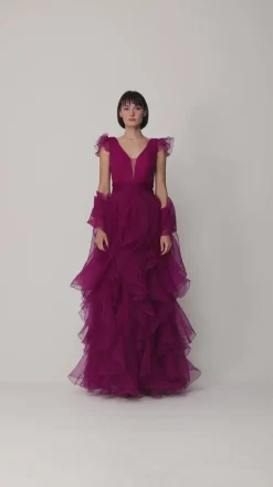 Fabiana Ferri Abito Lungo Scollo a V con Volant VerticaliVIOLET