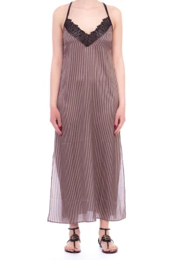 Fk Copricostume Abito Lungo In Raso Inserti In Pizzo Stampa a Righe a Contrasto Spacchi LateraliFANTASIA