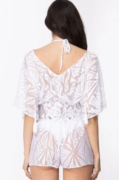 Fk Copricostume Tuta Corta Jumpsuit Doppio Scollo a V Maniche Ampie Traforata Disegni GeomBIANCO