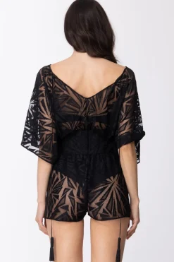 Fk Copricostume Tuta Corta Jumpsuit Doppio Scollo a V Maniche Ampie Traforata Disegni GeometriciNERO