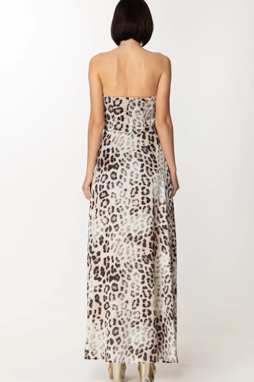 Gaëlle Paris Abito In Raso Animalier con SpaccoMACULATO BEIGE