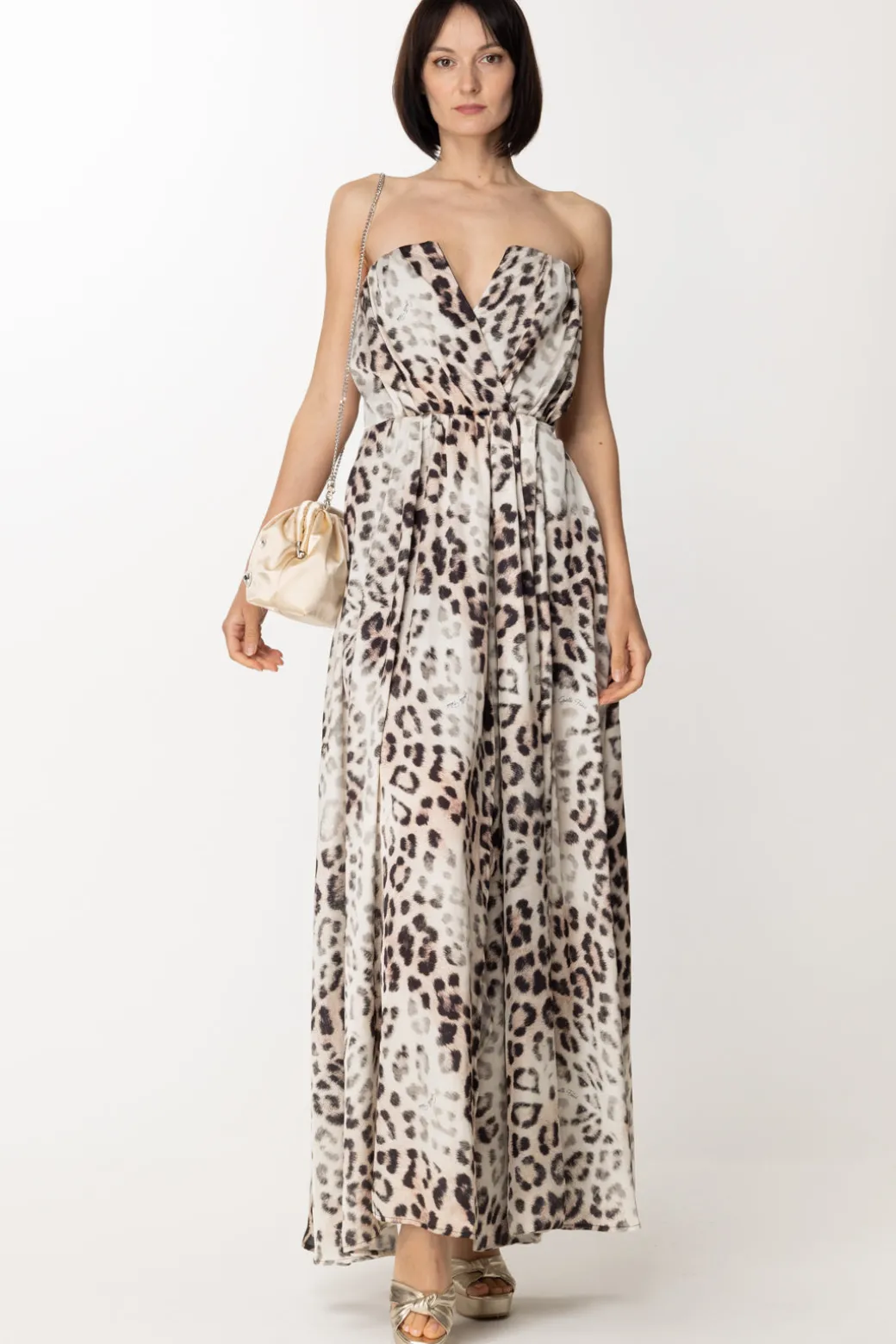 Gaëlle Paris Abito In Raso Animalier con SpaccoMACULATO BEIGE