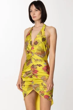 Gaëlle Paris Abito In Satin Asimmetrico con StampaVERDE ACIDO