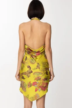 Gaëlle Paris Abito In Satin Asimmetrico con StampaVERDE ACIDO