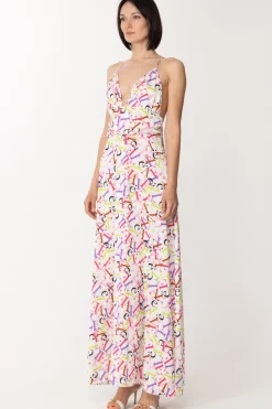 Gaëlle Paris Abito Lungo In Raso con Stampa LetteringBIANCO