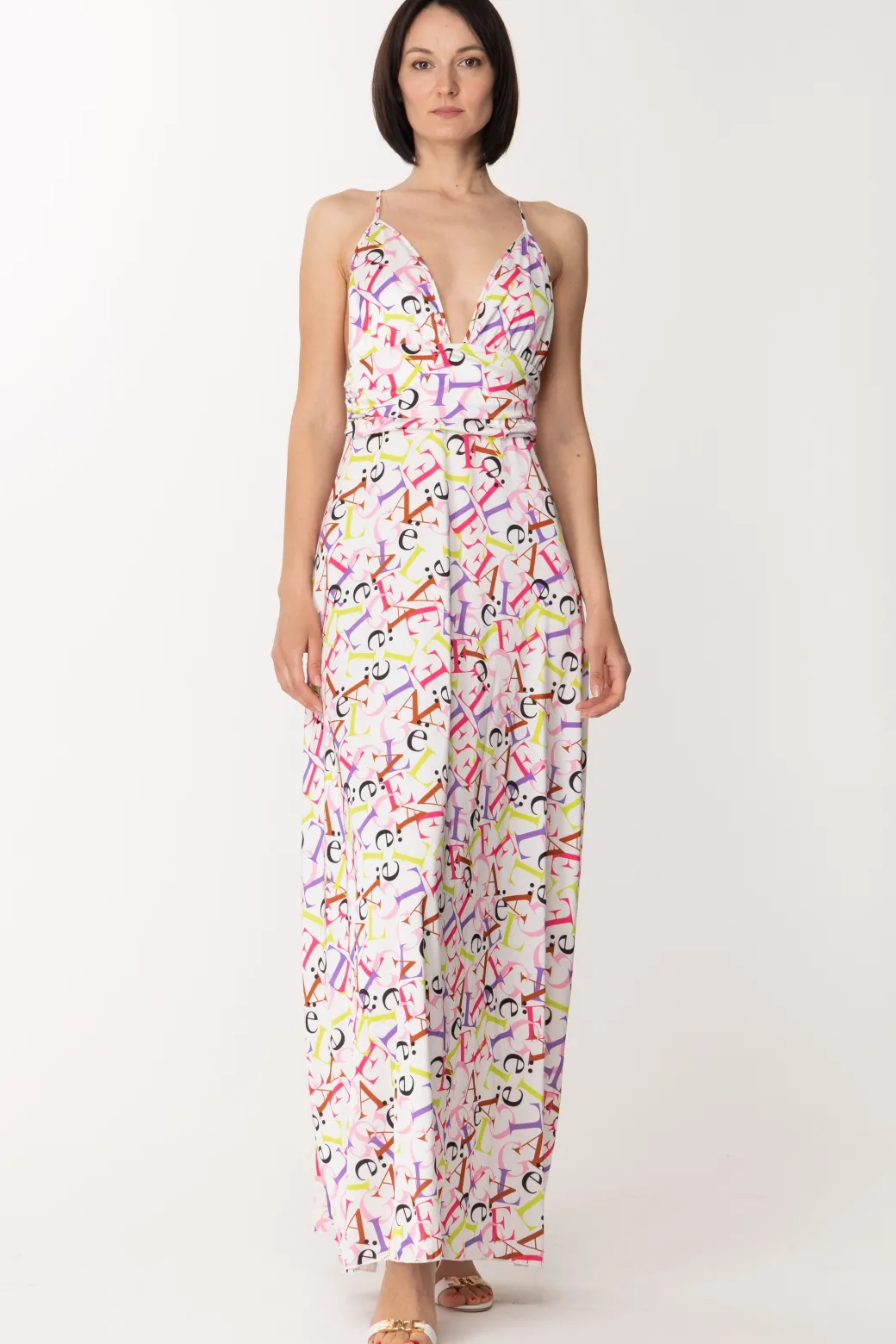 Gaëlle Paris Abito Lungo In Raso con Stampa LetteringBIANCO