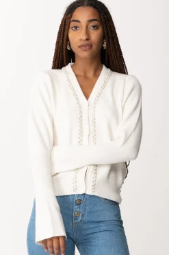 Gaëlle Paris Cardigan Corto con Strass e PerlineOFFWHITE