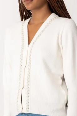 Gaëlle Paris Cardigan Corto con Strass e PerlineOFFWHITE